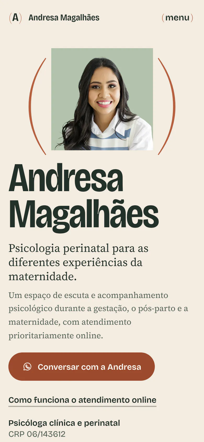 Captura real da versão para celular do site de Andresa Magalhães