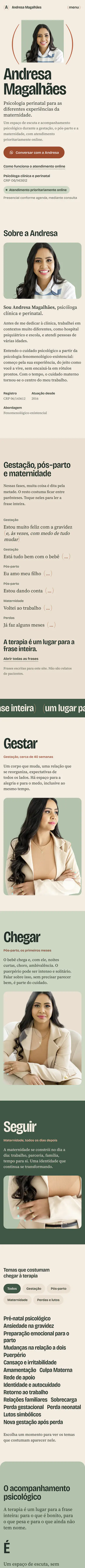 Captura real da versão para celular do site de Andresa Magalhães, rolando