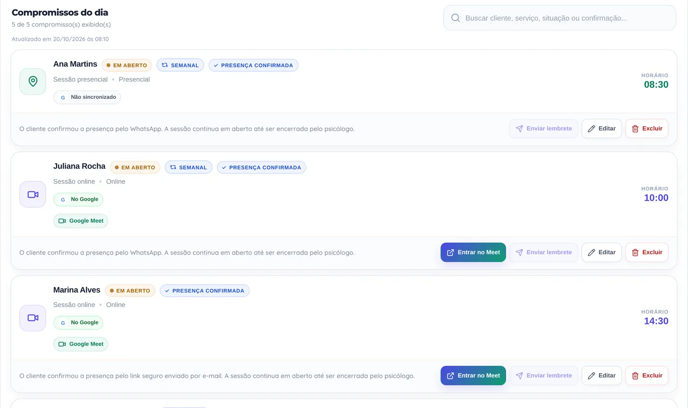 Agenda do dia no PsyAssist Pro com sessões de presença confirmada pelo WhatsApp. Dados de demonstração.