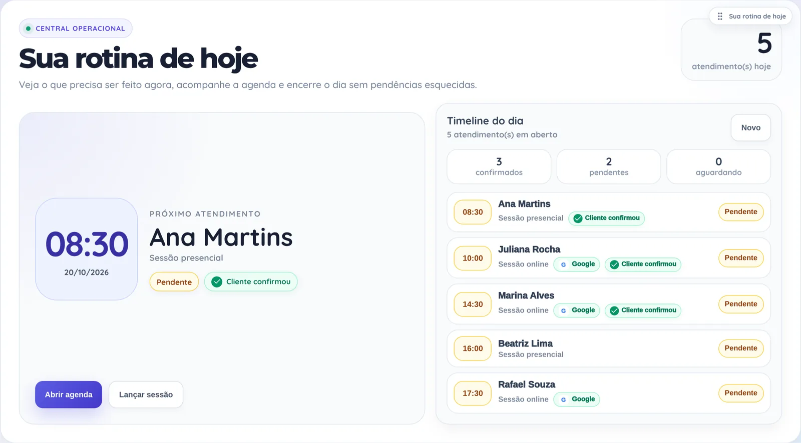Tela real do PsyAssist Pro com a rotina do dia: próximo atendimento e a lista de sessões com as confirmações. Nomes e horários de demonstração.