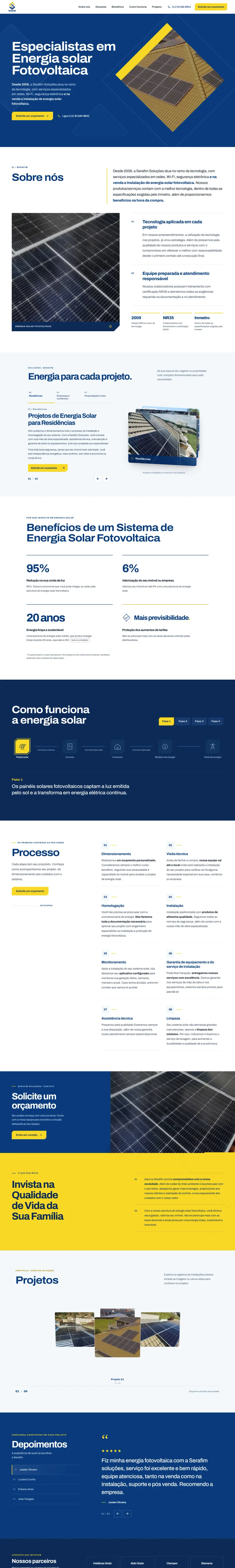 Captura real da homepage da Serafim Soluções, rolando do topo até as seções de projetos
