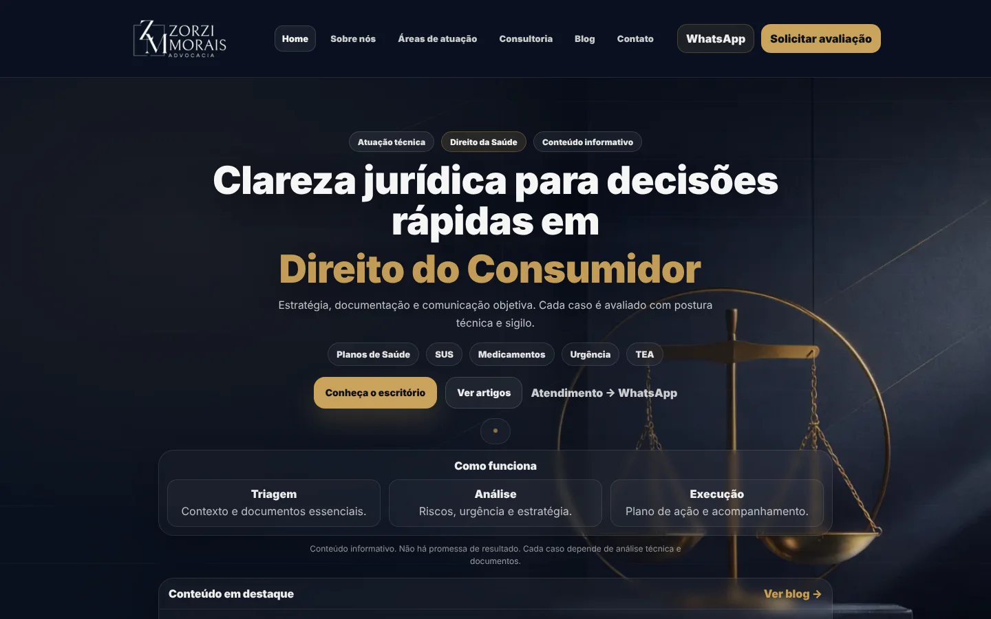 Primeira dobra real da página inicial da Zorzi Morais Advocacia