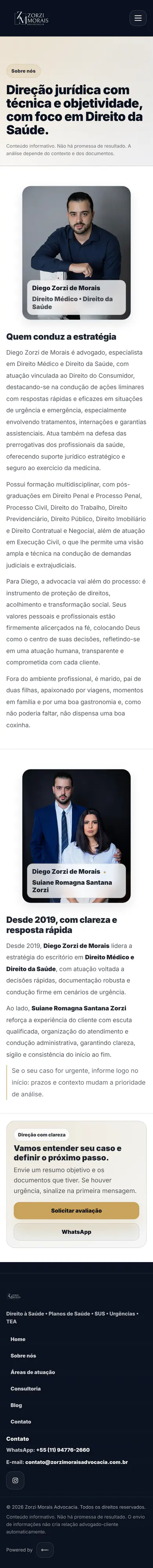 Captura real da página Sobre nós da Zorzi Morais Advocacia no celular, rolando