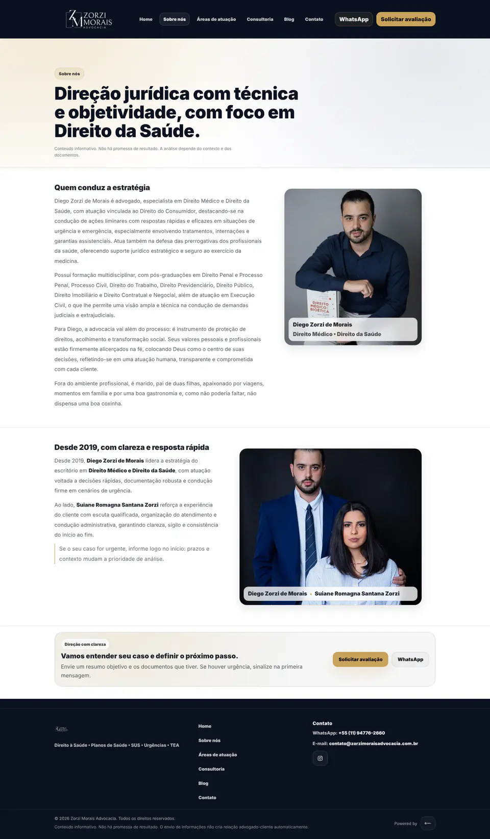 Captura real da página Sobre nós da Zorzi Morais Advocacia, rolando